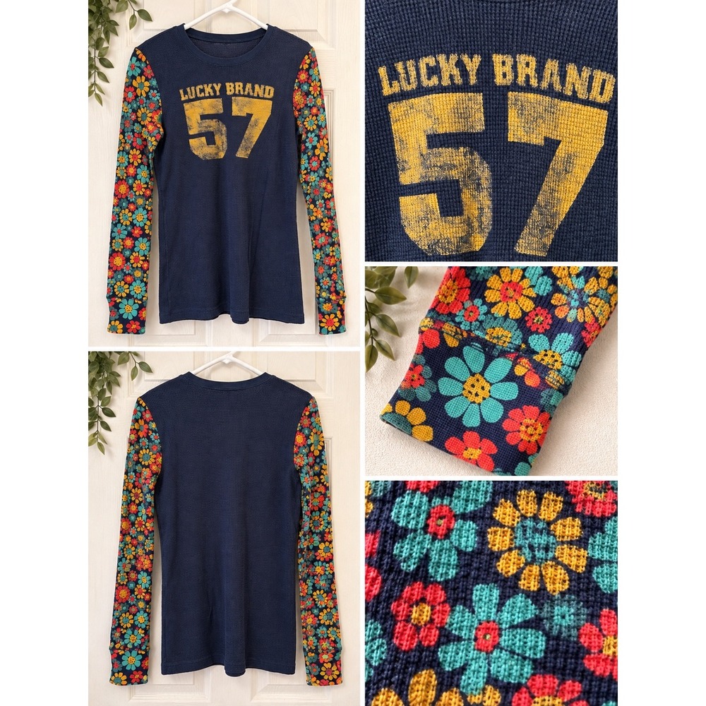 Lucky Brand 57 Floral Sleeve Waffle Knit Thermal Top Navy Blue 8WK3507
